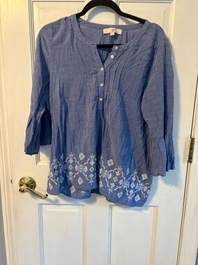 LOFT Blue Embroidered Cotton Tunic